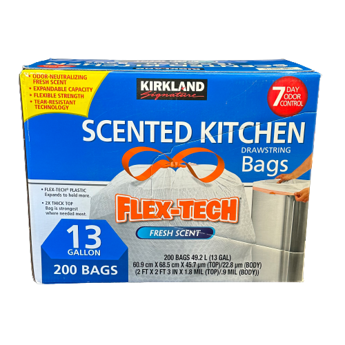 Kirkland Signature Flex-Tech 13 Gallon Kitchen Trash Bags 200ct (Stores)